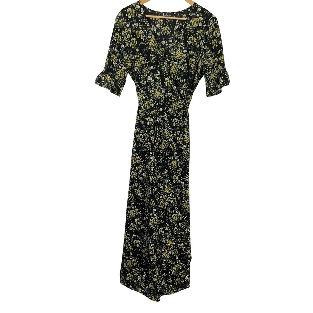 Lulus September Sunsets Black Floral Print Wrap Maxi Dress Size L